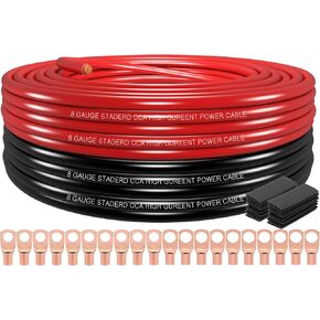 8 Gauge Wire (50ft Each- Black/Red) Copper Clad Aluminum CCA,20 pcs Lugs Terminal Connectors with 2:1 Heat Shrink Tube for Power/Auto,Amplifier,Ground Cable