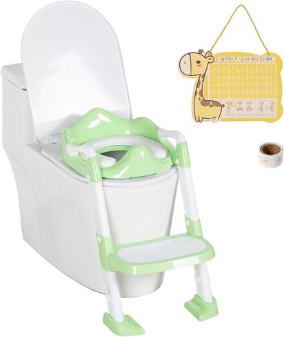 Potty Training Seat with Step Stool Ladder, Potty Toilet Toddler Seat w/Potty Training Chart & Cushion Handle, Kids Potty Training Toilet Chair for Girls Boys w/Non-Slip Pads Wide Step in Kuwait