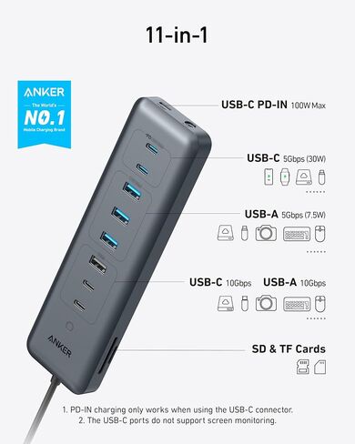 موزع بيانات Anker USB-C، 11 في 1 بسرعة 10 جيجابت في الثانية مع 4 منافذ USB-A و4 منافذ USB-C، 100 وات USB-C PD-in، قارئ بطاقات، موصل USB 2 في 1، لـ USB-A و كمبيوتر محمول USB-C وMacBook وiPad والمزيد (يتضمن محول 65 وات) in Kuwait