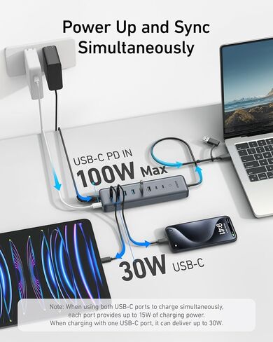 موزع بيانات Anker USB-C، 11 في 1 بسرعة 10 جيجابت في الثانية مع 4 منافذ USB-A و4 منافذ USB-C، 100 وات USB-C PD-in، قارئ بطاقات، موصل USB 2 في 1، لـ USB-A و كمبيوتر محمول USB-C وMacBook وiPad والمزيد (يتضمن محول 65 وات) in Kuwait