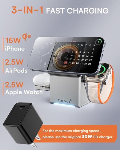 محطة شحن لاسلكية ZEEHOO، CubeTrick-X Qi2 شحن سريع 15 وات، محطة شحن لاسلكية 3 في 1 لشاحن ساعة Apple، لسلسلة iPhone 15، 14، 13، 12، AirPods (شاحن USB-C بقدرة 30 وات) in Saudi Arabia