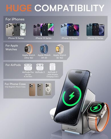 محطة شحن لاسلكية ZEEHOO، CubeTrick-X Qi2 شحن سريع 15 وات، محطة شحن لاسلكية 3 في 1 لشاحن ساعة Apple، لسلسلة iPhone 15، 14، 13، 12، AirPods (شاحن USB-C بقدرة 30 وات) in Saudi Arabia