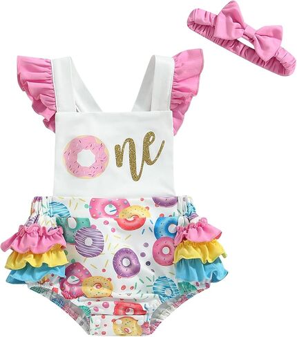Baby Girl Birthday Romper Ruffle Sleeve Letter One Print Ice Cream/Donut Bodysuit With Tutu Skirt Cake Smash Sunsuit in Kuwait