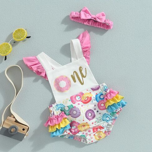 Baby Girl Birthday Romper Ruffle Sleeve Letter One Print Ice Cream/Donut Bodysuit With Tutu Skirt Cake Smash Sunsuit in Kuwait