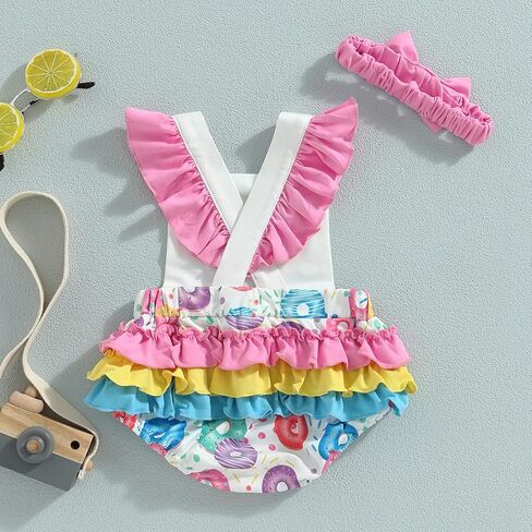 Baby Girl Birthday Romper Ruffle Sleeve Letter One Print Ice Cream/Donut Bodysuit With Tutu Skirt Cake Smash Sunsuit in Kuwait