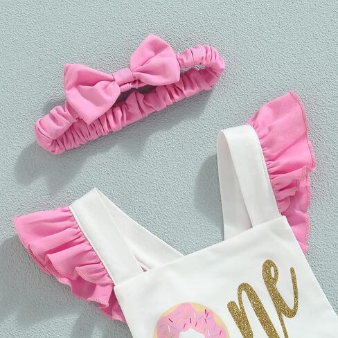 Baby Girl Birthday Romper Ruffle Sleeve Letter One Print Ice Cream/Donut Bodysuit With Tutu Skirt Cake Smash Sunsuit in Kuwait