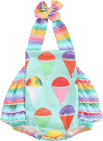 Baby Girl Birthday Romper Ruffle Sleeve Letter One Print Ice Cream/Donut Bodysuit With Tutu Skirt Cake Smash Sunsuit in Kuwait