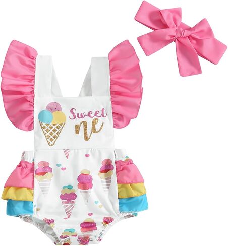 Baby Girl Birthday Romper Ruffle Sleeve Letter One Print Ice Cream/Donut Bodysuit With Tutu Skirt Cake Smash Sunsuit in Kuwait