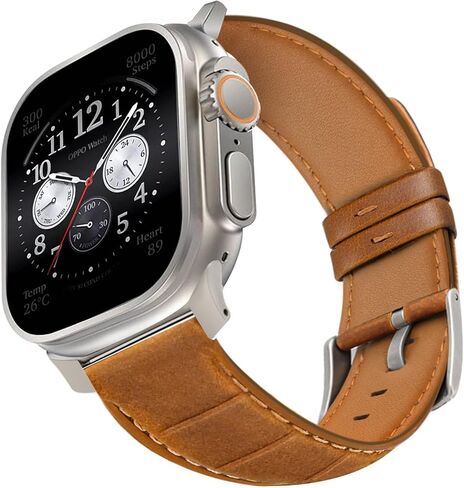 أحزمة جلدية مصممة لساعة Apple Watch Ultra/Ultra 2 Band 49mm 45mm 44mm 42mm للرجال، حزام بديل من الجلد الطبيعي لساعة iWatch Ultra SE2 SE Series 9 8 7 6 5 4 3 2 1، بني/تيتانيوم in Kuwait