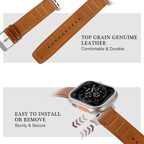 أحزمة جلدية مصممة لساعة Apple Watch Ultra/Ultra 2 Band 49mm 45mm 44mm 42mm للرجال، حزام بديل من الجلد الطبيعي لساعة iWatch Ultra SE2 SE Series 9 8 7 6 5 4 3 2 1، بني/تيتانيوم in Kuwait