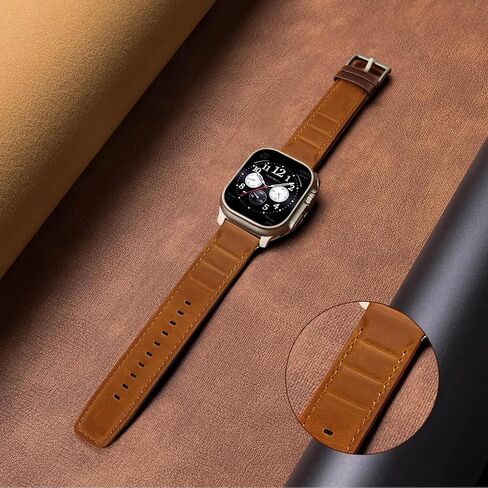 أحزمة جلدية مصممة لساعة Apple Watch Ultra/Ultra 2 Band 49mm 45mm 44mm 42mm للرجال، حزام بديل من الجلد الطبيعي لساعة iWatch Ultra SE2 SE Series 9 8 7 6 5 4 3 2 1، بني/تيتانيوم in Kuwait