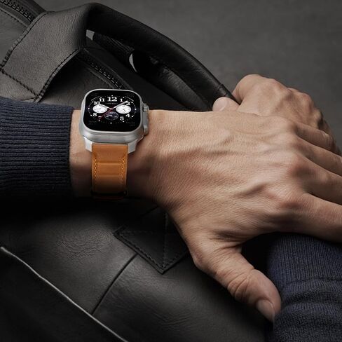 أحزمة جلدية مصممة لساعة Apple Watch Ultra/Ultra 2 Band 49mm 45mm 44mm 42mm للرجال، حزام بديل من الجلد الطبيعي لساعة iWatch Ultra SE2 SE Series 9 8 7 6 5 4 3 2 1، بني/تيتانيوم in Kuwait