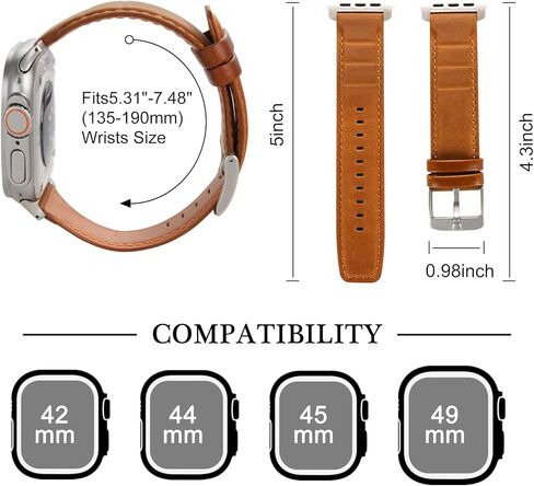 أحزمة جلدية مصممة لساعة Apple Watch Ultra/Ultra 2 Band 49mm 45mm 44mm 42mm للرجال، حزام بديل من الجلد الطبيعي لساعة iWatch Ultra SE2 SE Series 9 8 7 6 5 4 3 2 1، بني/تيتانيوم in Kuwait