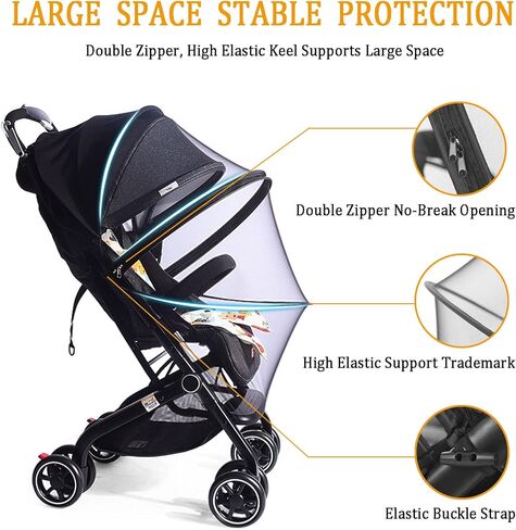 شبكة ناموسية لعربة الأطفال، شبكة ناموسية متينة لعربة الأطفال، شبكة ناموسية شبكية قابلة للطي بسحاب مزدوج، مناسبة لعربة الأطفال، مقعد سيارة الطفل، سرير الطفل، حاملة الأطفال (قياسي، أسود داكن) in Kuwait