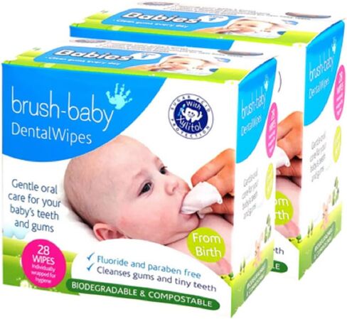 Brush Baby Teething Relief Dental Wipes for Ages 0-Toddler - Naturally Eliminate Teething Pain, Prevent Tooth Decay and Sour Milk Breath - 28 Finger Wipes in Kuwait