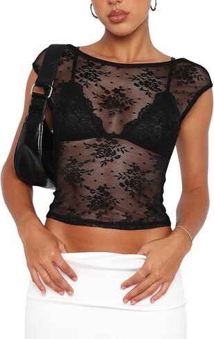 RUEWEY المرأة Y2k الجنية الدانتيل المحاصيل الأعلى الدانتيل صديرية دائرية شفافة سليم صالح القمم الشارع الشهير in Kuwait