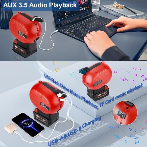 YEX-BUR مكبر صوت بلوتوث لميلووكي m18 18 فولت بطارية محمولة مع ضوء، USB-A/C شحن مزدوج مكبرات صوت ستيريو لمواقع العمل وحفلات التخييم (بدون بطارية) in Kuwait