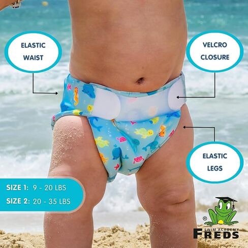 FREDS SWIM ACADEMY حفاضات سباحة للأطفال باللون الأزرق قابلة لإعادة الاستخدام (9 رطل - 20 رطل) وهي أساسية لحمام السباحة والشاطئ للأولاد والبنات - مقاس 1 in Kuwait