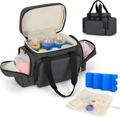 BAFASO Breastmilk Cooler Bag with Ice Pack and Waterproof Pad (Fits 6 Bottles, 4 to 5 Ounce), Breastmilk Cooler with Multiple Pockets, Black in Saudi Arabia