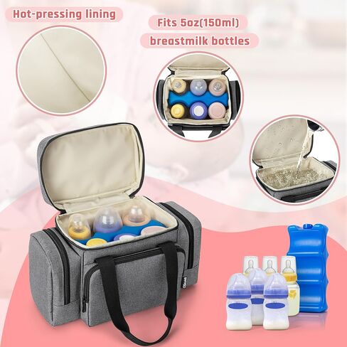 BAFASO Breastmilk Cooler Bag with Ice Pack and Waterproof Pad (Fits 6 Bottles, 4 to 5 Ounce), Breastmilk Cooler with Multiple Pockets, Black in Saudi Arabia
