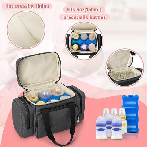 BAFASO Breastmilk Cooler Bag with Ice Pack and Waterproof Pad (Fits 6 Bottles, 4 to 5 Ounce), Breastmilk Cooler with Multiple Pockets, Black in Saudi Arabia