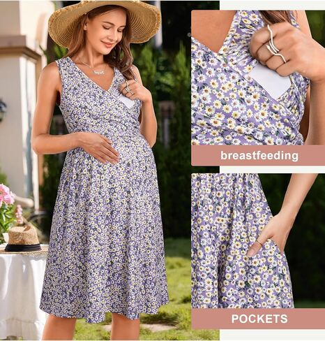 OUGES Women's Wrap Tank Nursing Dress Summer Maternity Breastfeeding Labor and Delivery Gown Clothes with Pockets in Kuwait