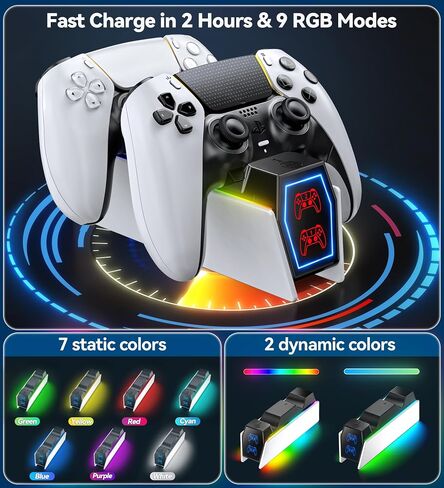 PS5 Controller Charger Station with 5V/3A Fast AC Adapter for PS5 & Edge Controllers, PS5 Dual Stand Charger wirh 9 RGB LED PS5 Accessories for PS5 Controller, PS5 Charging Station in Saudi Arabia