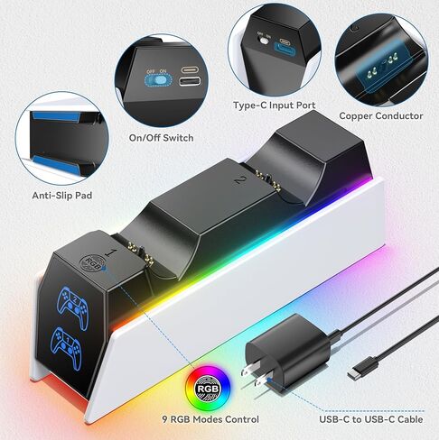 PS5 Controller Charger Station with 5V/3A Fast AC Adapter for PS5 & Edge Controllers, PS5 Dual Stand Charger wirh 9 RGB LED PS5 Accessories for PS5 Controller, PS5 Charging Station in Saudi Arabia