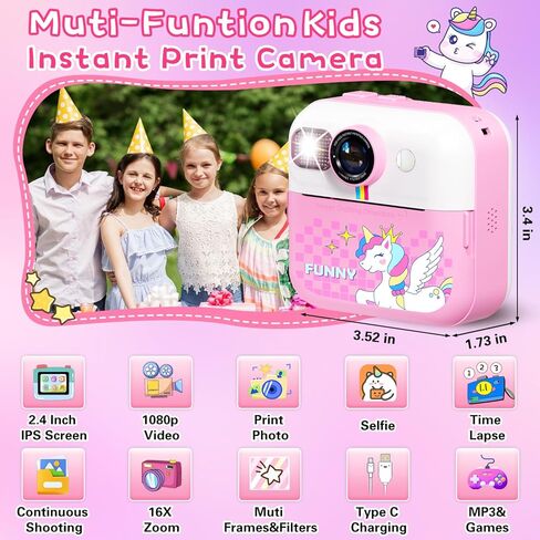 طباعة فورية لكاميرا الأطفال، كاميرا فورية بشاشة 2.4 بوصة للأطفال، مقاطع فيديو بدقة 1080 بكسل وكاميرا رقمية للأطفال Selife مع بطاقة 32 جيجابايت وورق طباعة، هدايا عيد الميلاد وكاميرا Unicon للأطفال من سن 3 إلى 12 عامًا in Kuwait