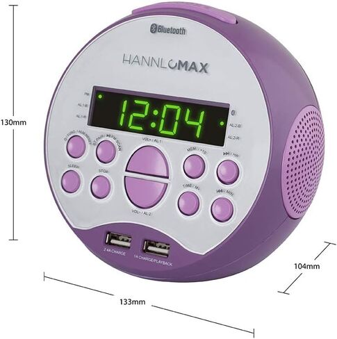 HANNLOMAX HX-129CR Alarm Clock Radio. PLL FM Radio, 0.6" Green LED Display, Bluetooth, USB Ports for 2.4A & 1A charging/MP3 Playback (Black) in Saudi Arabia
