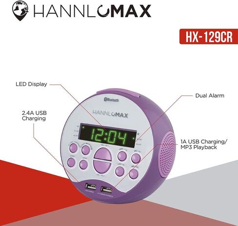 HANNLOMAX HX-129CR Alarm Clock Radio. PLL FM Radio, 0.6" Green LED Display, Bluetooth, USB Ports for 2.4A & 1A charging/MP3 Playback (Black) in Saudi Arabia