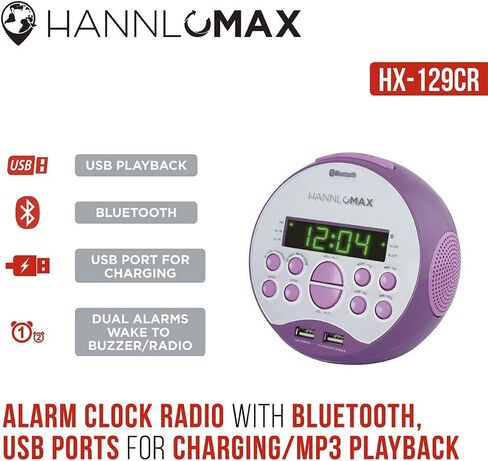 HANNLOMAX HX-129CR Alarm Clock Radio. PLL FM Radio, 0.6" Green LED Display, Bluetooth, USB Ports for 2.4A & 1A charging/MP3 Playback (Black) in Saudi Arabia