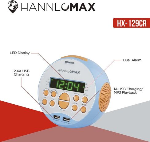 HANNLOMAX HX-129CR Alarm Clock Radio. PLL FM Radio, 0.6" Green LED Display, Bluetooth, USB Ports for 2.4A & 1A charging/MP3 Playback (Black) in Saudi Arabia