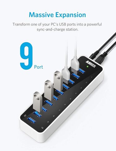 Anker USB A Hub، USB 3.0 Hub، 10 منافذ USB Hub لأجهزة الكمبيوتر المحمول والكمبيوتر الشخصي، لأجهزة MacBook، Mac Pro/Mini، iMac، XPS، Surface Pro، Galaxy Series، Mobile HDD والمزيد in Kuwait