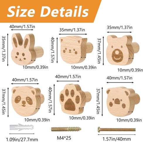 6pcs Self-Adhesive Wild Animal Beech Wood Handles, Cat Claw, Rabbit, Bear, Panda, Kitten, Pig Shape Handles Wood Hooks for Children's Room Decoration Cabinet Knobs in Saudi Arabia