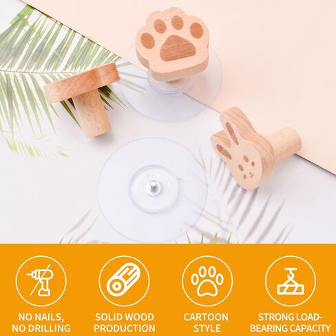 6pcs Self-Adhesive Wild Animal Beech Wood Handles, Cat Claw, Rabbit, Bear, Panda, Kitten, Pig Shape Handles Wood Hooks for Children's Room Decoration Cabinet Knobs in Saudi Arabia