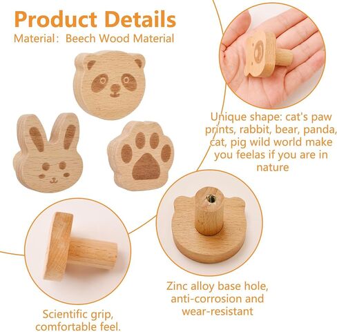 6pcs Self-Adhesive Wild Animal Beech Wood Handles, Cat Claw, Rabbit, Bear, Panda, Kitten, Pig Shape Handles Wood Hooks for Children's Room Decoration Cabinet Knobs in Saudi Arabia