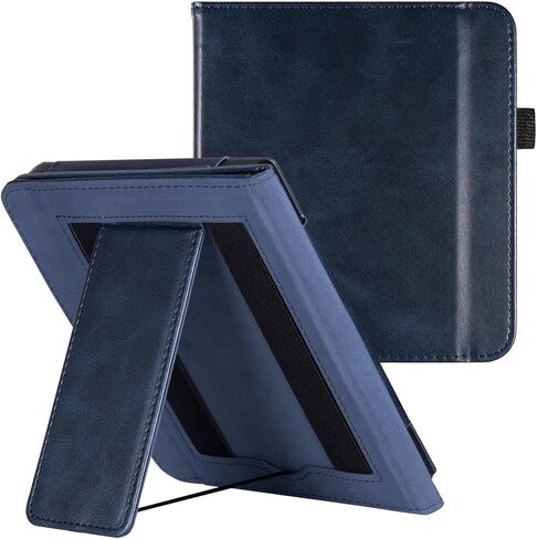 حافظة حامل لـ 7 بوصات Kobo Libra Color (موديل N428) / Kobo Libra 2 / H2O (موديل N418 / N873) - غطاء غلاف من جلد البولي يوريثان مع شريطين لليدين وخاصية النوم/الاستيقاظ التلقائي (أسود كلاسيكي) in Kuwait