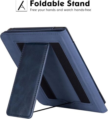 حافظة حامل لـ 7 بوصات Kobo Libra Color (موديل N428) / Kobo Libra 2 / H2O (موديل N418 / N873) - غطاء غلاف من جلد البولي يوريثان مع شريطين لليدين وخاصية النوم/الاستيقاظ التلقائي (أسود كلاسيكي) in Kuwait