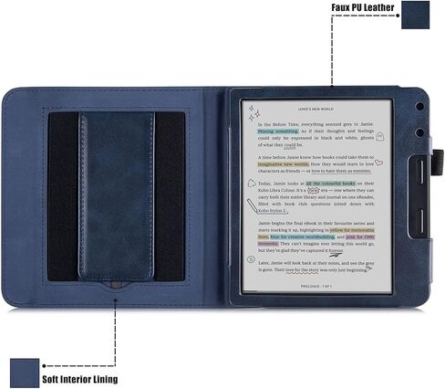 حافظة حامل لـ 7 بوصات Kobo Libra Color (موديل N428) / Kobo Libra 2 / H2O (موديل N418 / N873) - غطاء غلاف من جلد البولي يوريثان مع شريطين لليدين وخاصية النوم/الاستيقاظ التلقائي (أسود كلاسيكي) in Kuwait