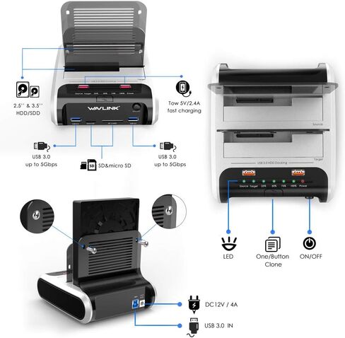 محطة إرساء محرك الأقراص الصلبة الخارجية USB 3.0 إلى SATA Dual Bay لـ 2.5 بوصة و3.5 بوصة SATA I/II/III HDD/SSD مع استنساخ دون اتصال بالإنترنت ومحور شحن سريع، قارئ بطاقات [يدعم UASP وما يصل إلى 2 × 16 تيرابايت] in Saudi Arabia