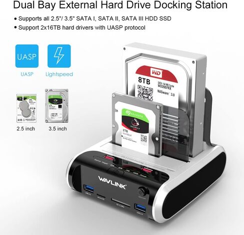 محطة إرساء محرك الأقراص الصلبة الخارجية USB 3.0 إلى SATA Dual Bay لـ 2.5 بوصة و3.5 بوصة SATA I/II/III HDD/SSD مع استنساخ دون اتصال بالإنترنت ومحور شحن سريع، قارئ بطاقات [يدعم UASP وما يصل إلى 2 × 16 تيرابايت] in Saudi Arabia