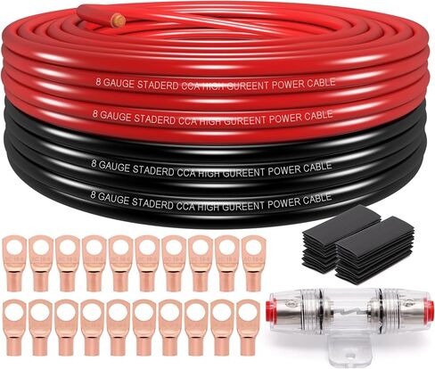 8 Gauge Wire (50ft Each- Black/Red) Copper Clad Aluminum CCA,20 pcs Lugs Terminal Connectors with 2:1 Heat Shrink Tube for Power/Auto,Amplifier,Ground Cable in Saudi Arabia