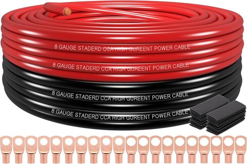 8 Gauge Wire (50ft Each- Black/Red) Copper Clad Aluminum CCA,20 pcs Lugs Terminal Connectors with 2:1 Heat Shrink Tube for Power/Auto,Amplifier,Ground Cable in Saudi Arabia