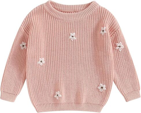 Toddler Baby Girl Long Sleeve Knit Sweater Floral Embroidery Round Neck Pullover Fall Winter Warm Tops Clothes in Saudi Arabia