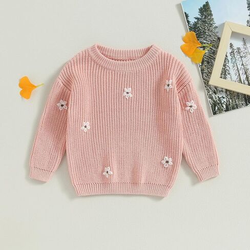 Toddler Baby Girl Long Sleeve Knit Sweater Floral Embroidery Round Neck Pullover Fall Winter Warm Tops Clothes in Saudi Arabia