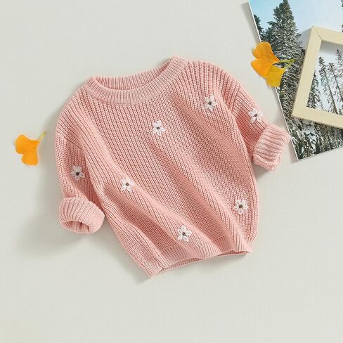 Toddler Baby Girl Long Sleeve Knit Sweater Floral Embroidery Round Neck Pullover Fall Winter Warm Tops Clothes in Saudi Arabia