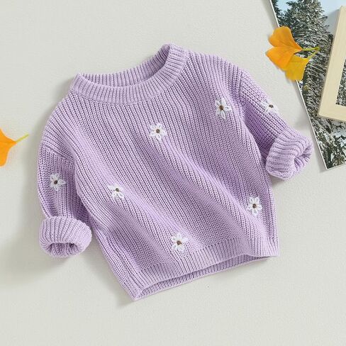 Toddler Baby Girl Long Sleeve Knit Sweater Floral Embroidery Round Neck Pullover Fall Winter Warm Tops Clothes in Saudi Arabia