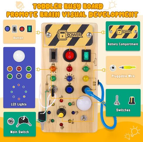 Hoarosall Montessori Wooden Busy Board with 8 LED Light switches, Sensory Toys Light Switch Travel Toys for 1+ Year Old Baby and Toddler in Saudi Arabia