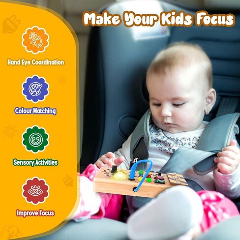 Hoarosall Montessori Wooden Busy Board with 8 LED Light switches, Sensory Toys Light Switch Travel Toys for 1+ Year Old Baby and Toddler in Saudi Arabia